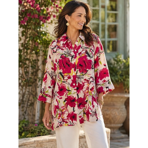 Chico's Tops - Chico's 100% Linen Multicolor Floral Print Button Up Shirt Size 3 US 16 XL Top